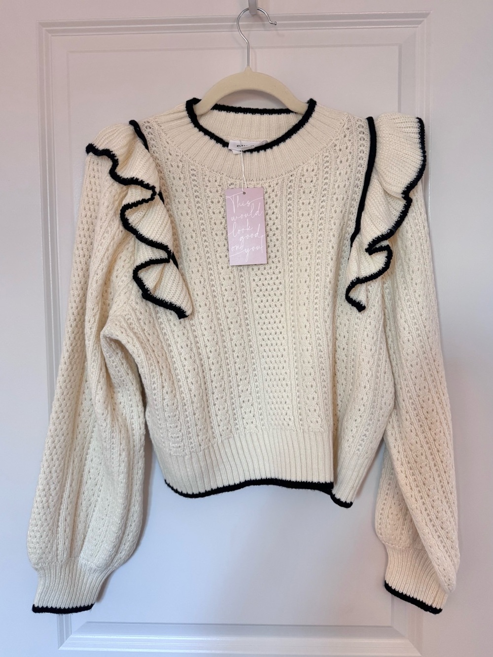 Cream Ruffle-Trim Cable Knit Sweater - Women